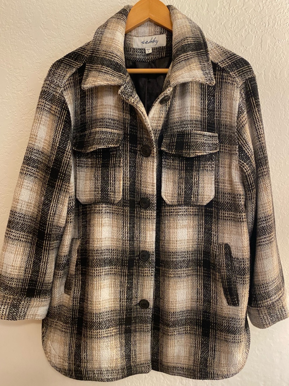 Sebby Black & Cream Plaid Button-Front Fully Lined Utility Shacket Women’s L